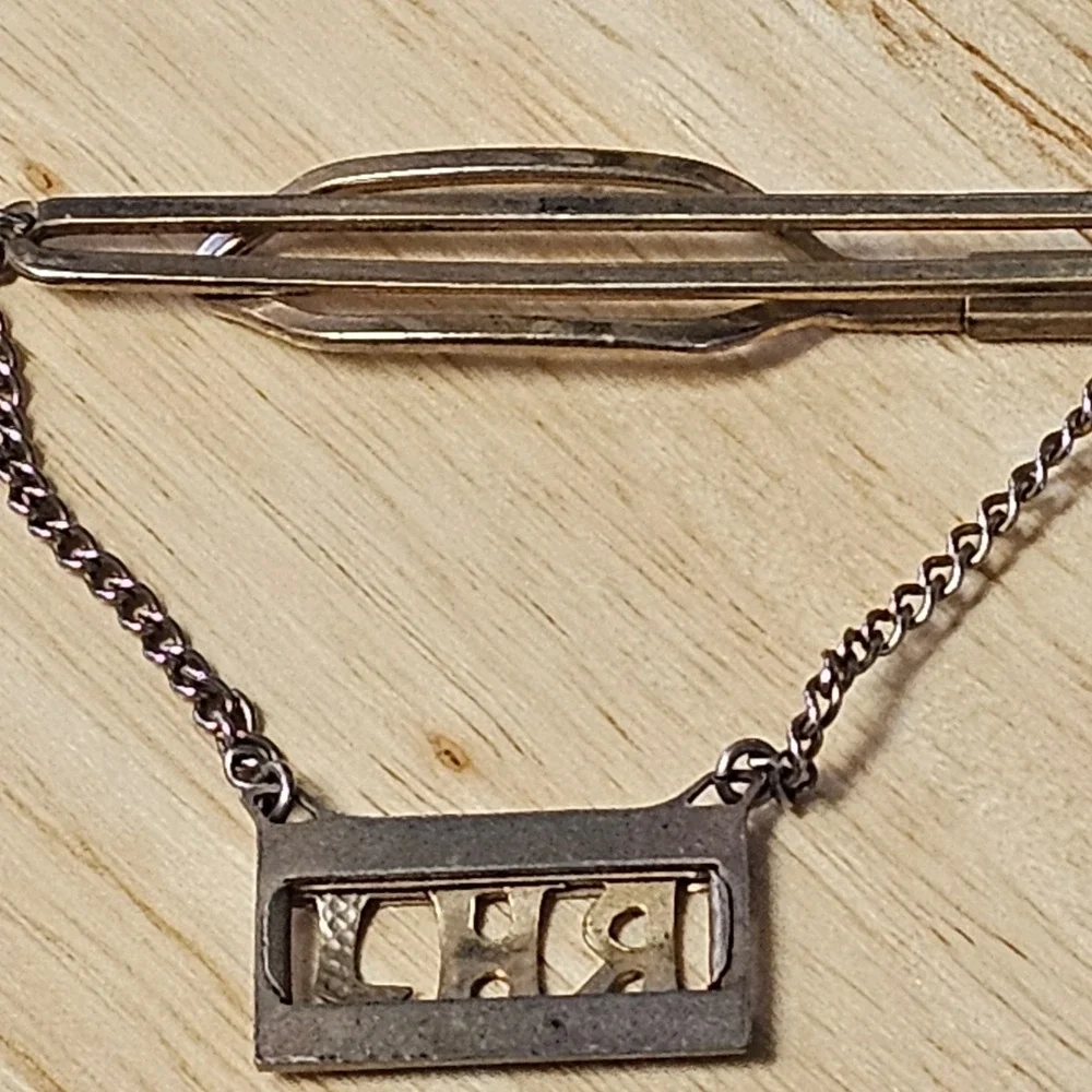 Vintage RHJ Monogram Tie Clip Chain Silver Tone Men Accessory